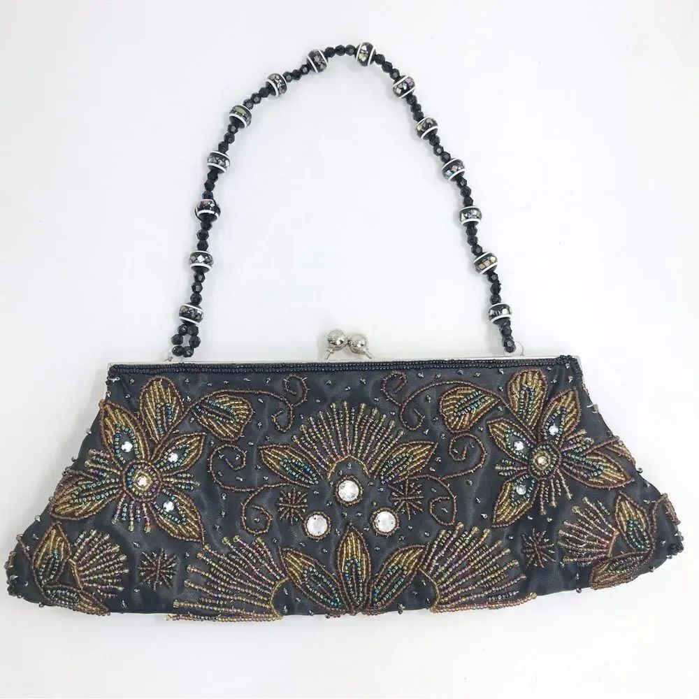 Apt. 9 Black Satin Beaded Floral Sparkle Bead Handle Mini Evening Bag